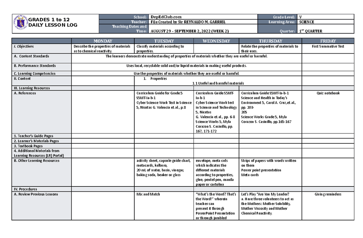 DLL Science 5 Q1 W2 - DLL - GRADES 1 to 12 DAILY LESSON LOG School ...