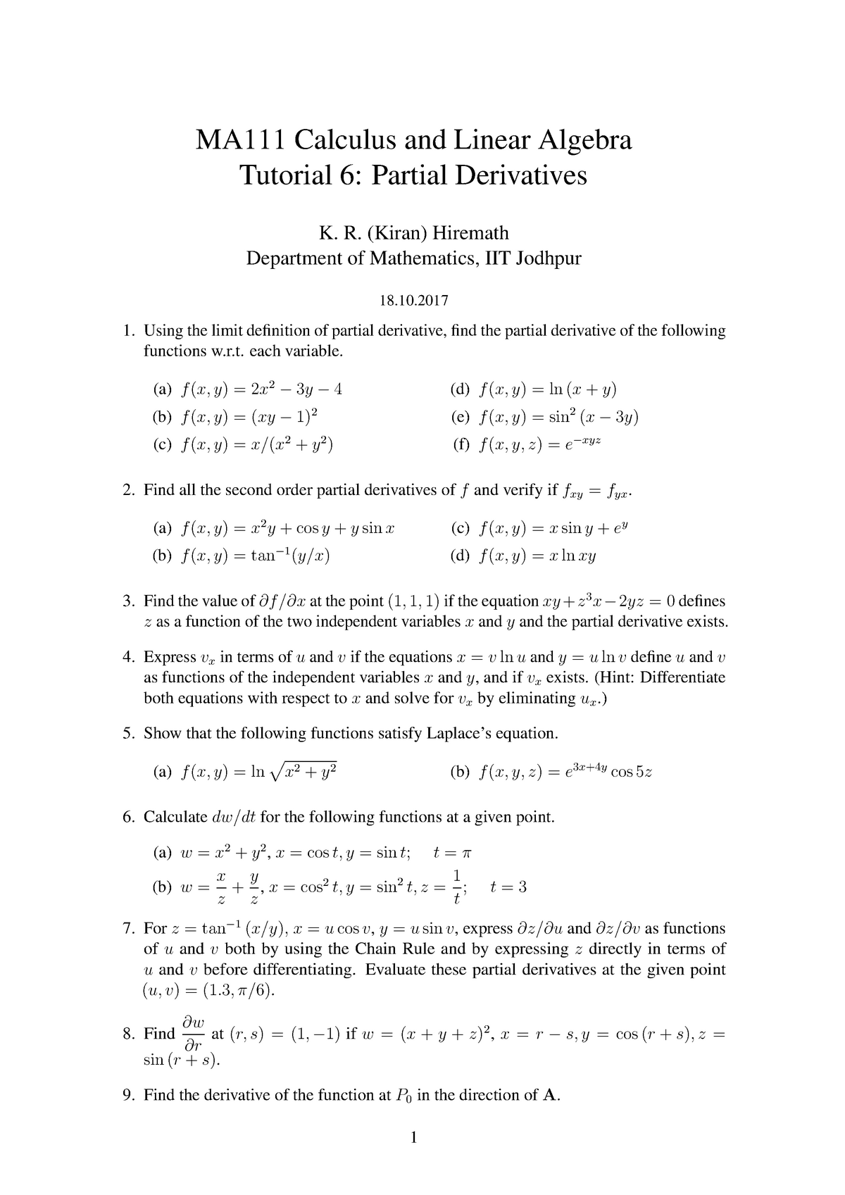 Tutorial 06 Partial Derivatives Ma111 Calculus And Linear Algebra Tutorial 6 Partial Derivatives Studocu