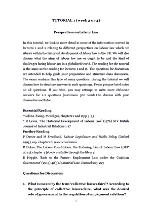 Tutorial One - Labour Law - TUTORIAL 1 (week 3 or 4) Perspectives on ...