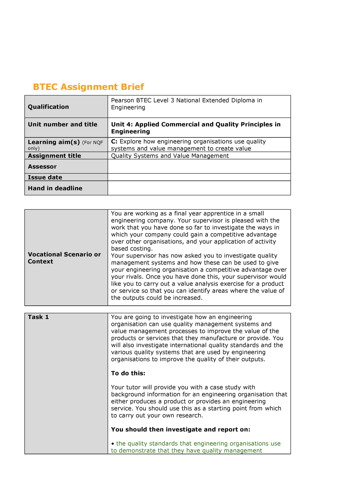 pearson btec authorised assignment briefs