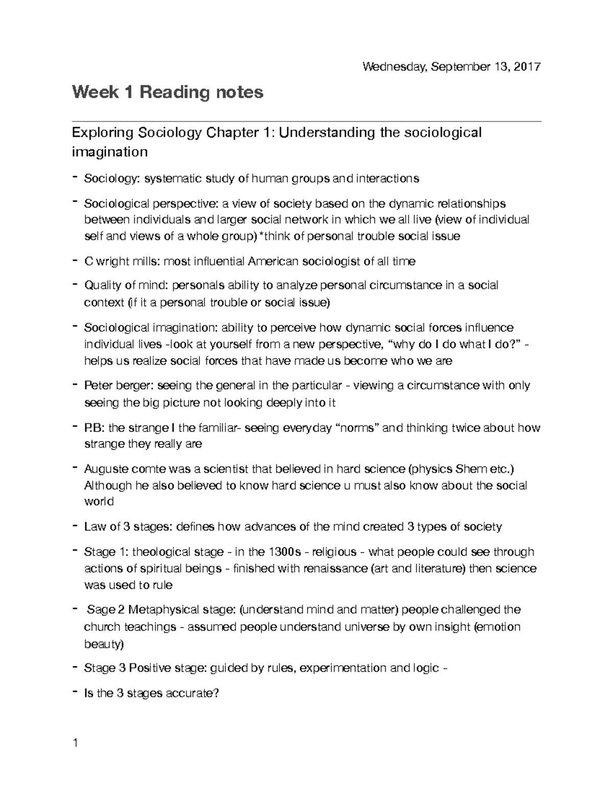 Week 1 Reading notes SOCI 1F90 - Wednesday, September 13, 2017 Week 1 ...