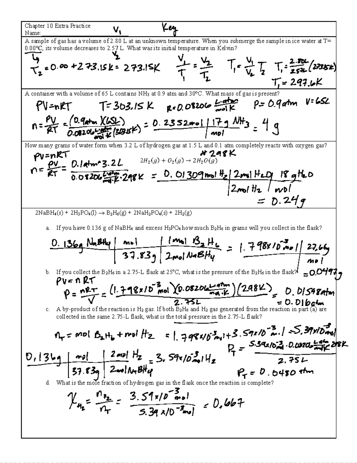 CHEM 1030 Ch10 Recitation KEY - Chapter 10 Extra Practice Name