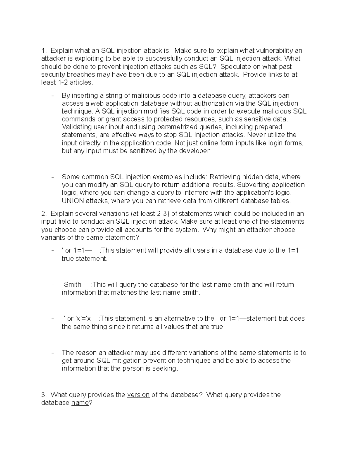 Netlab 9 Questions - Explain what an SQL injection attack is. Make sure ...