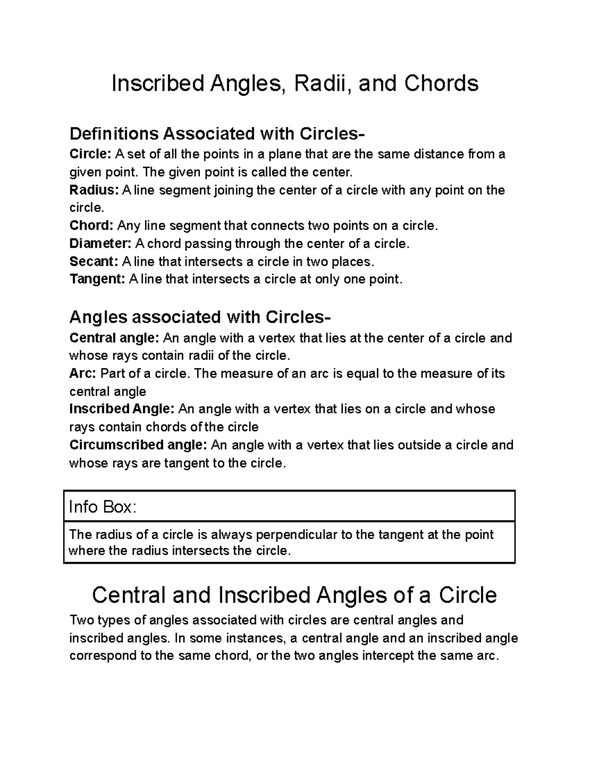 Inscribed Angles, Radii, and Chords - Inscribed Angles, Radii, and ...