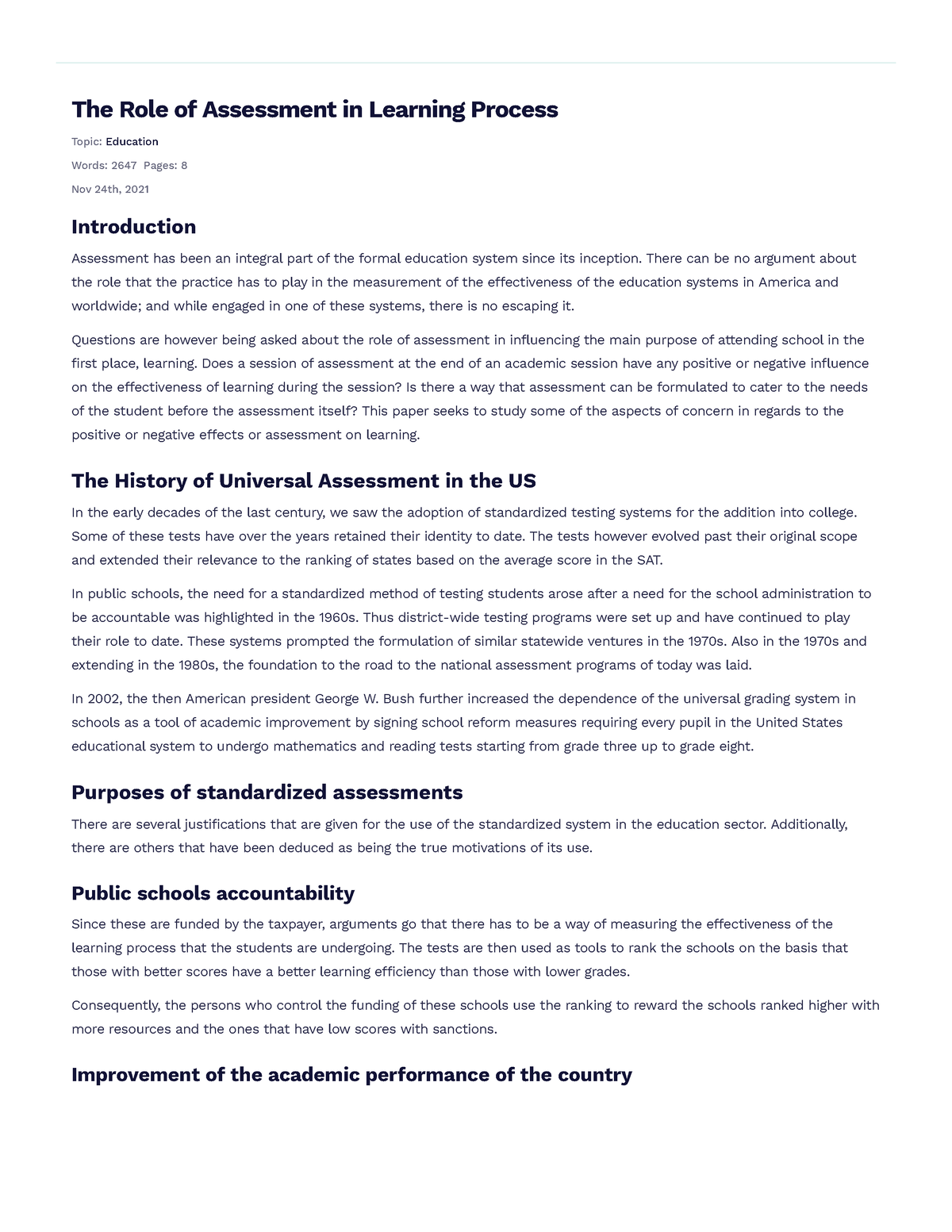 essay about the role of assessment in student learning