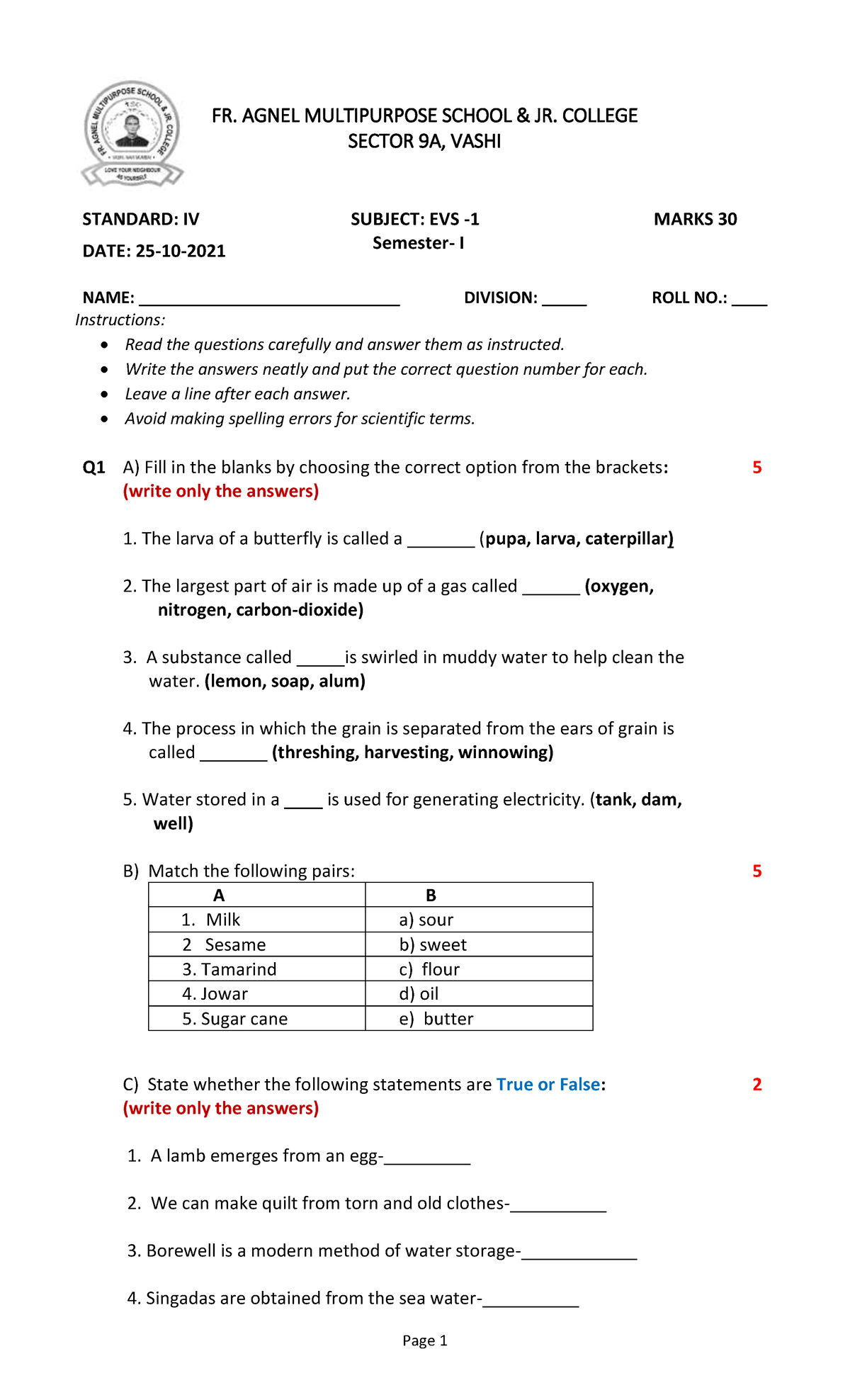 Sem 1 Exam EVS 1 Std IV 25-10-2021 - Page 1 FR. AGNEL MULTIPURPOSE ...