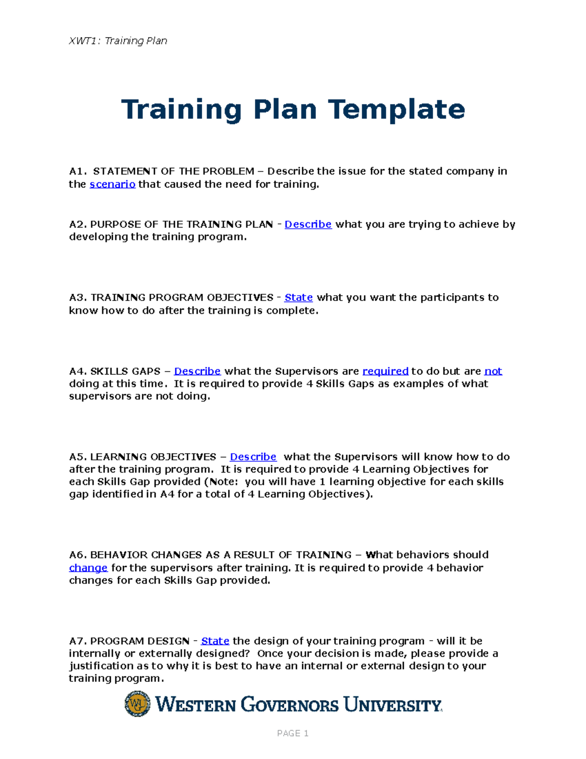C235 Task 1 Outline - XWT1: Training Plan Training Plan Template A1 ...