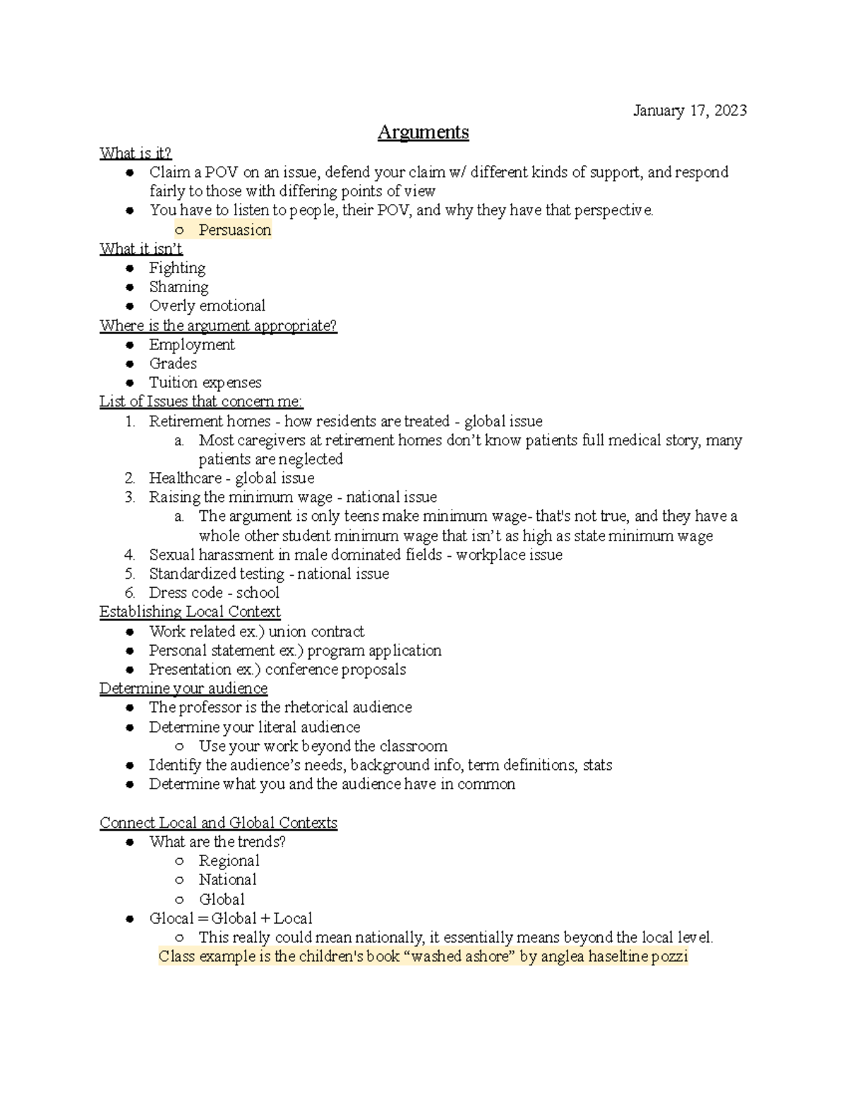 English 111 Chapter 1 Notes - January 17, 2023 Arguments What is it ...