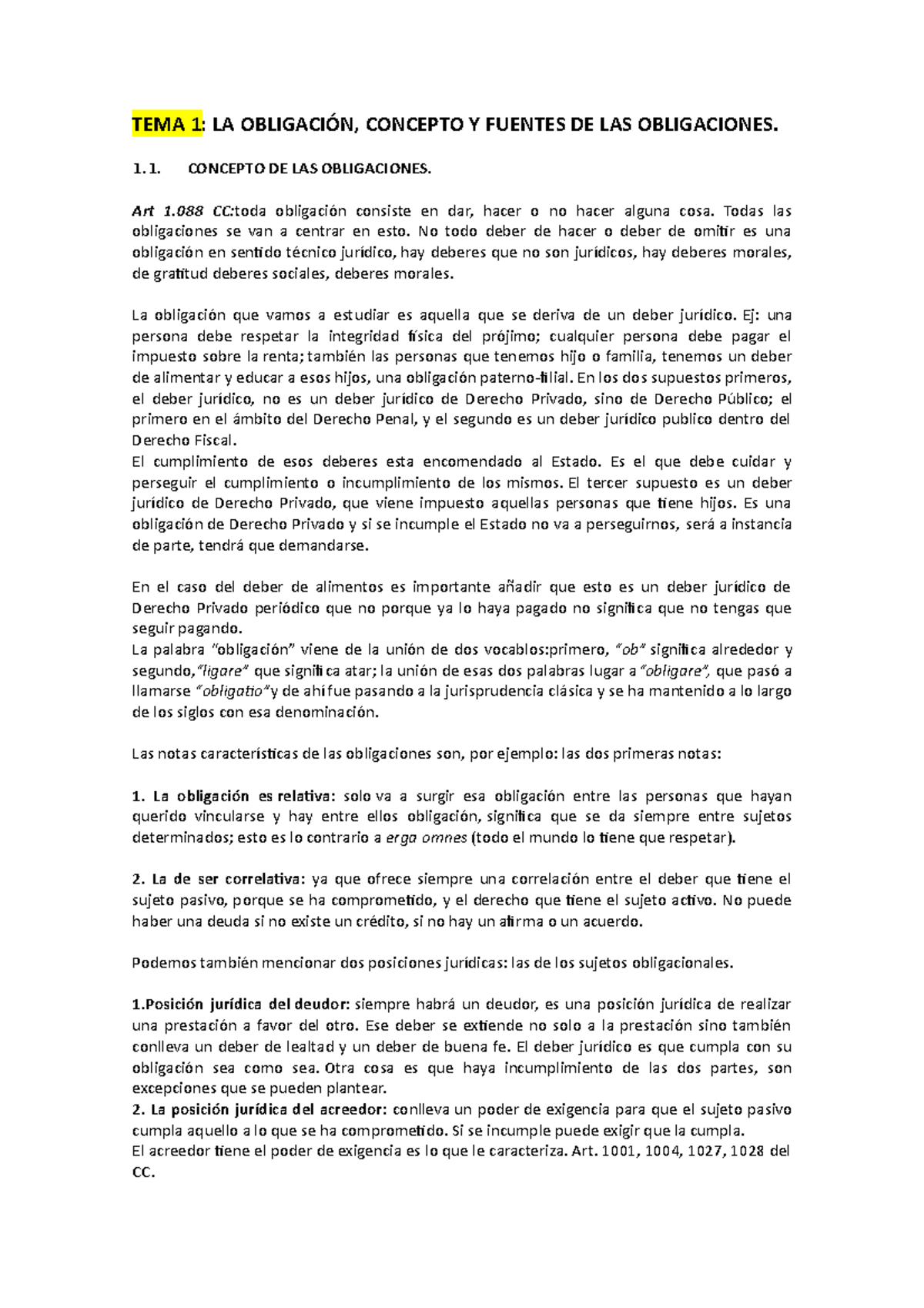 Derecho Civil II apuntes - TEMA 1: LA OBLIGACIÓN, CONCEPTO Y FUENTES DE ...