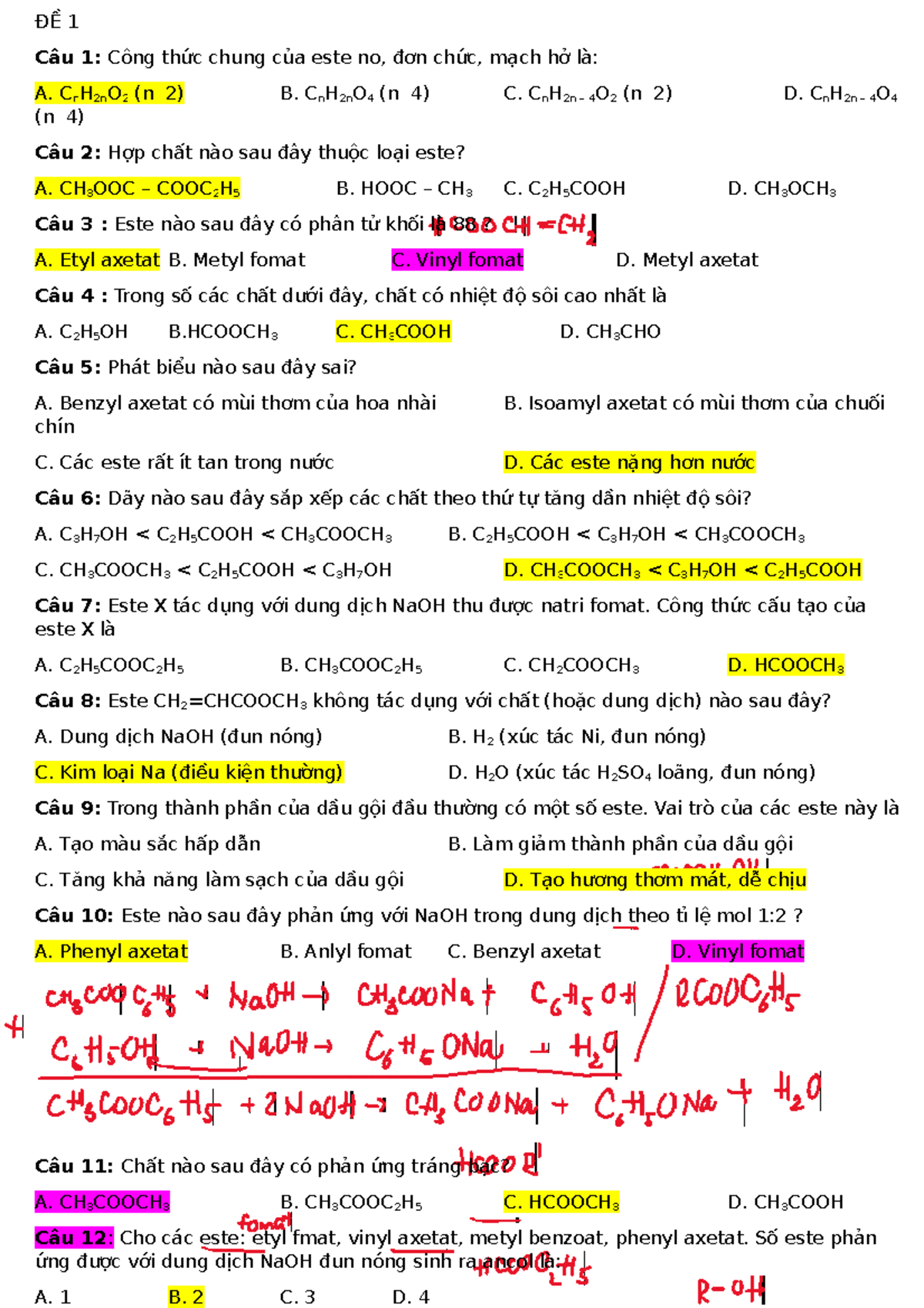 ĐỀ 1 - AAAAAA - ĐỀ 1 Câu 1: Công thức chung của este no, đơn chức, mạch ...