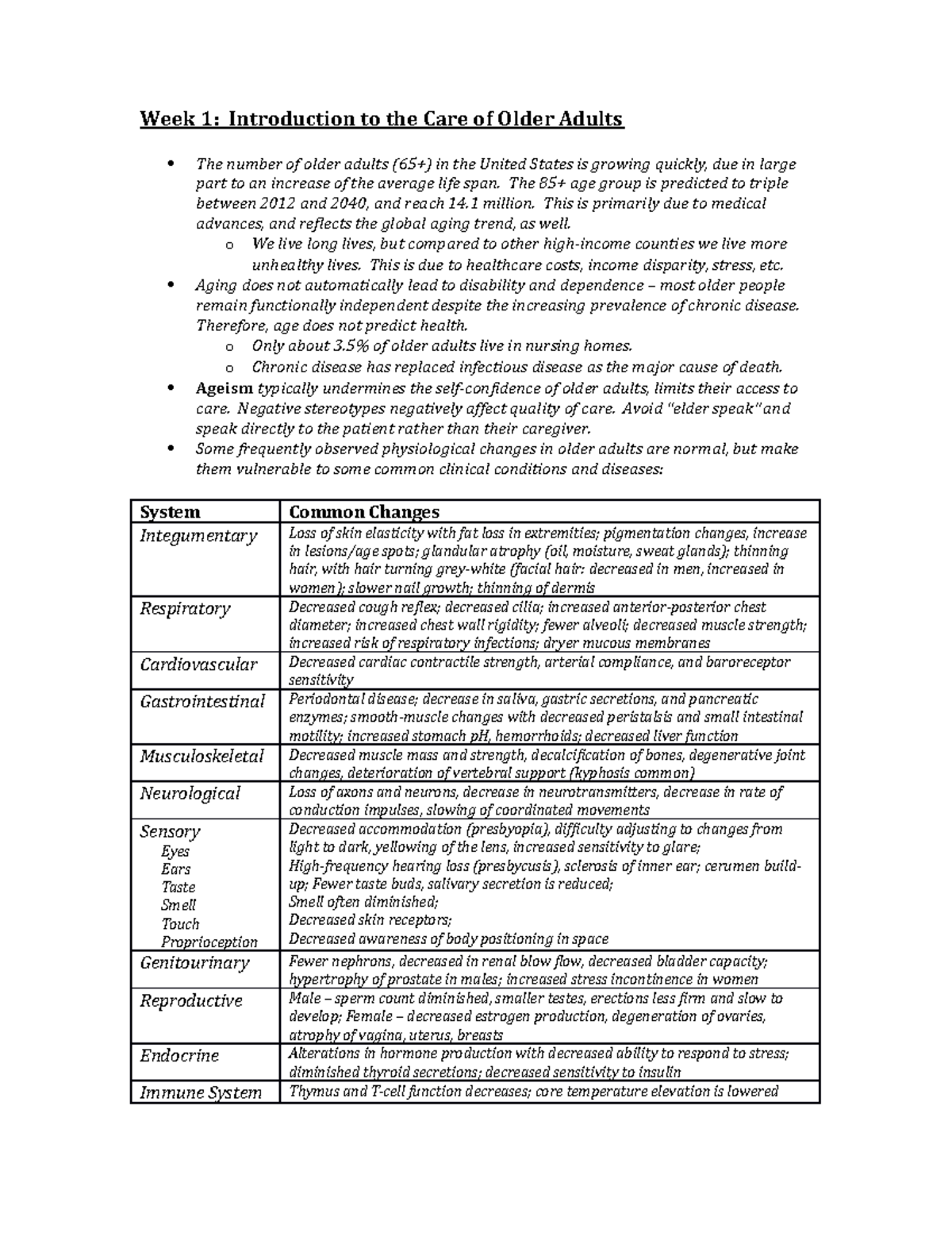 A&E I Exam 1 Study Guide - Week 1: Introduction to the Care of Older ...