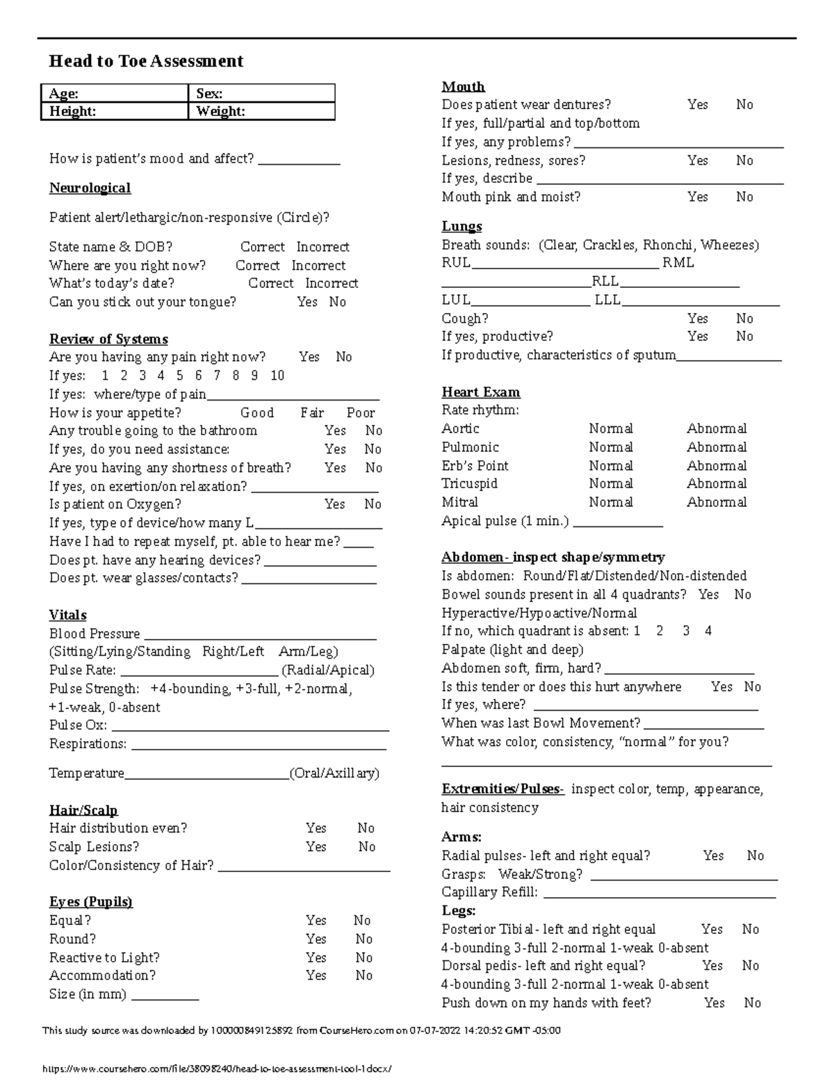 Head to toe assessment tool 1 - Head to Toe Assessment Age: Sex: Height ...