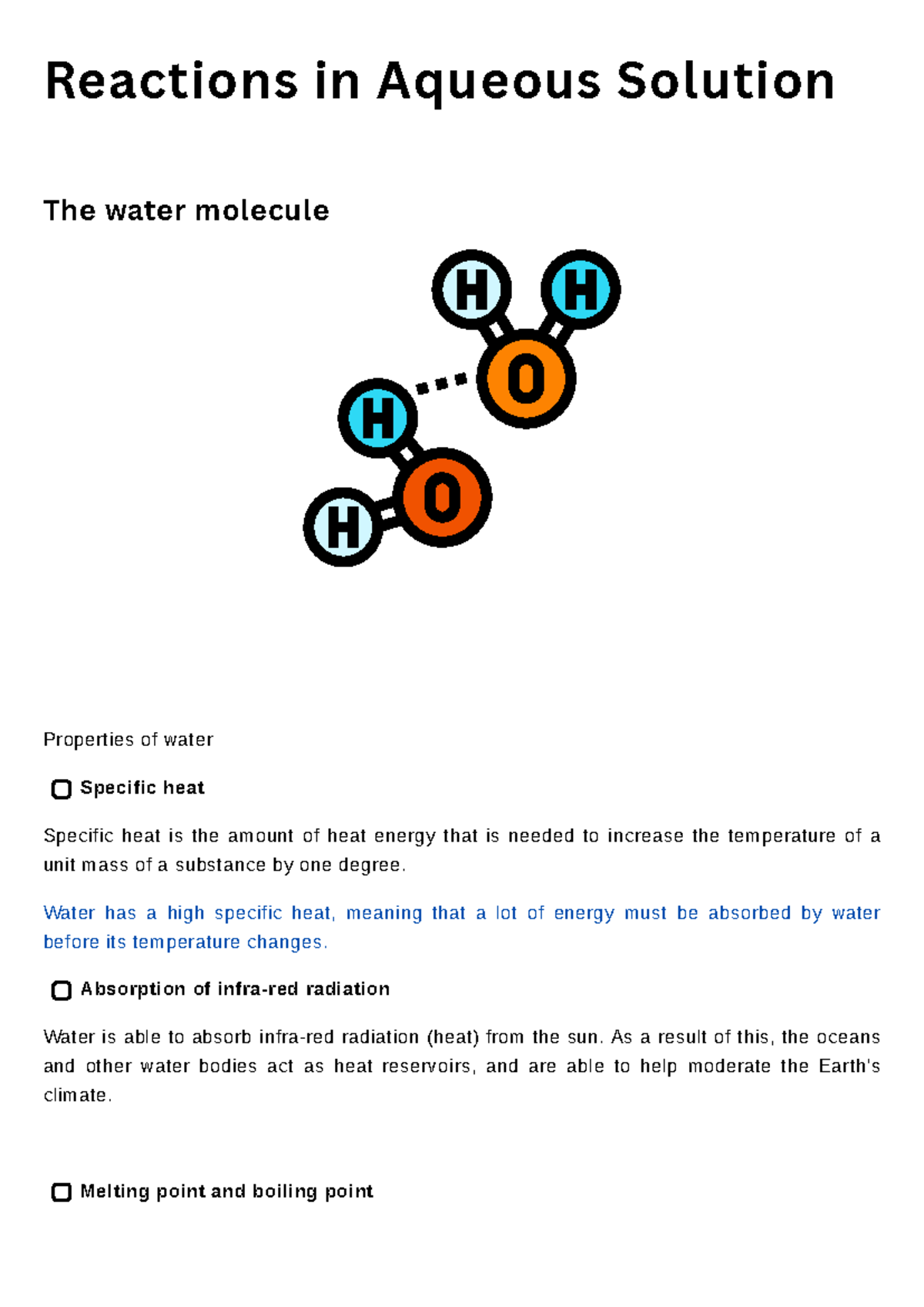 Reactions in Aqueous Solution - Water has a high specific heat, meaning ...