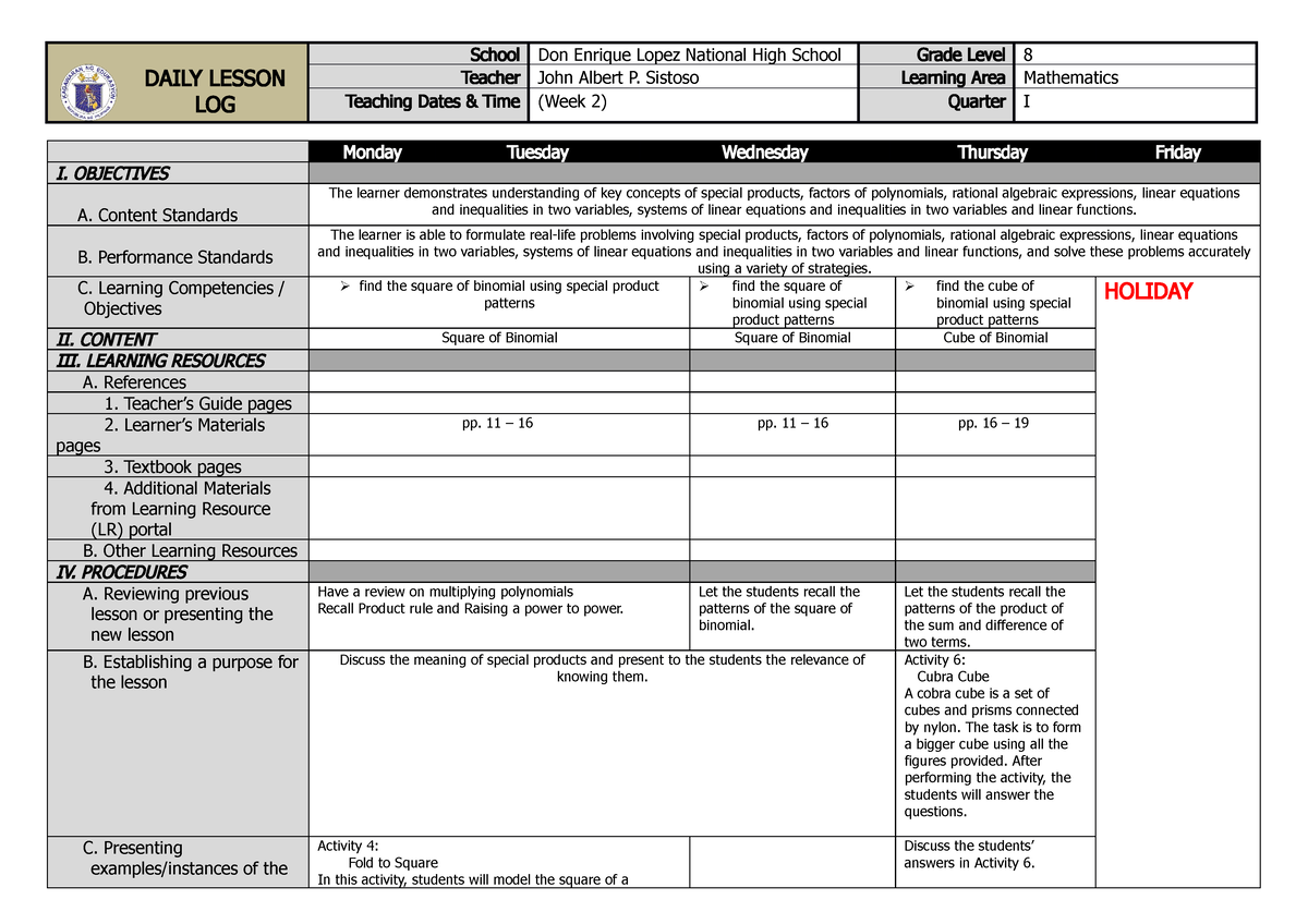 Sample Grade 8 DLL Q1W2 - DAILY LESSON LOG School Don Enrique Lopez ...