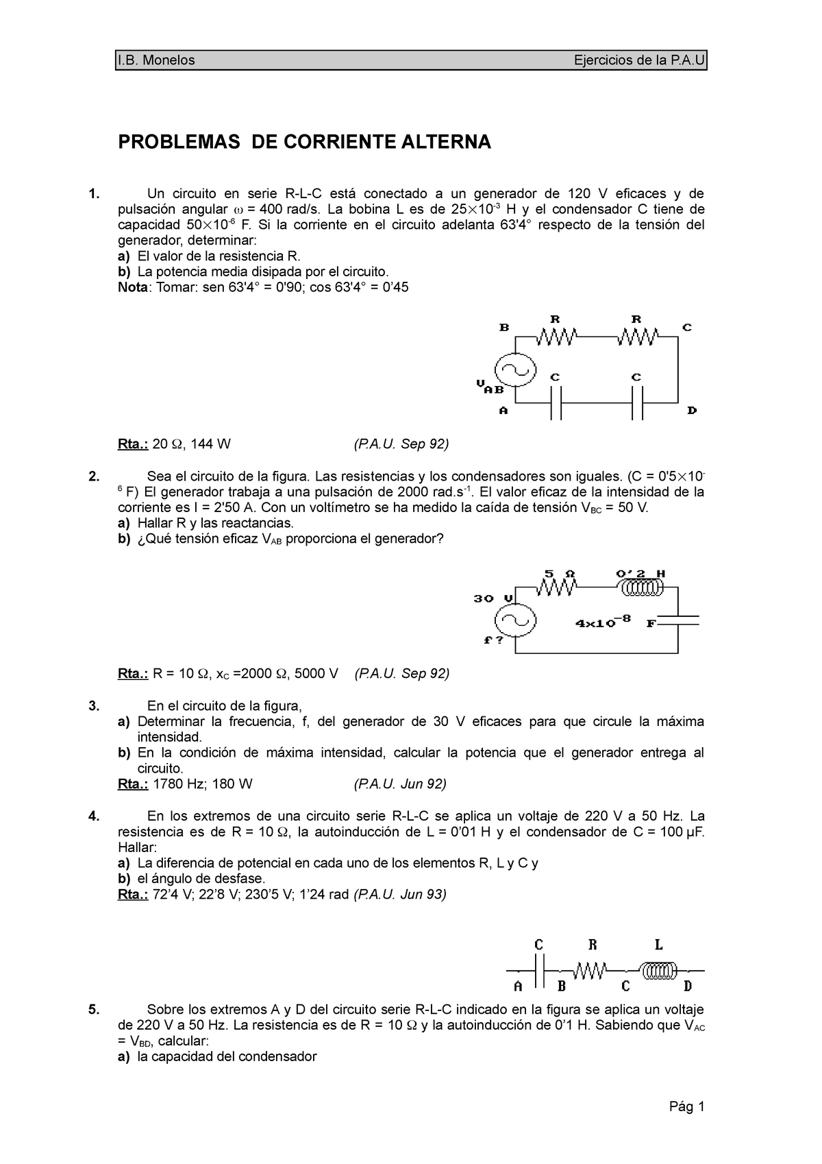 Corr Alterna Apuntes 3 I Monelos Ejercicios De La Pa Problemas De Corriente Alterna 1 Un 0191