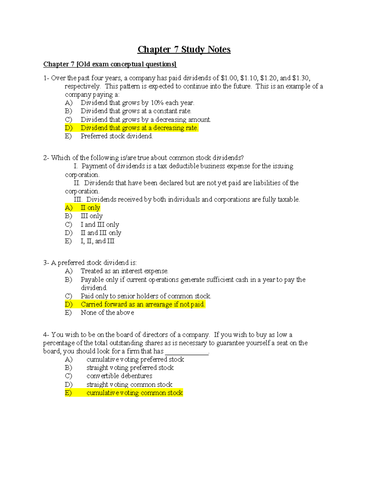Chapter 7 Study Notes - Chapter 7 Study Notes Chapter 7 [Old exam ...
