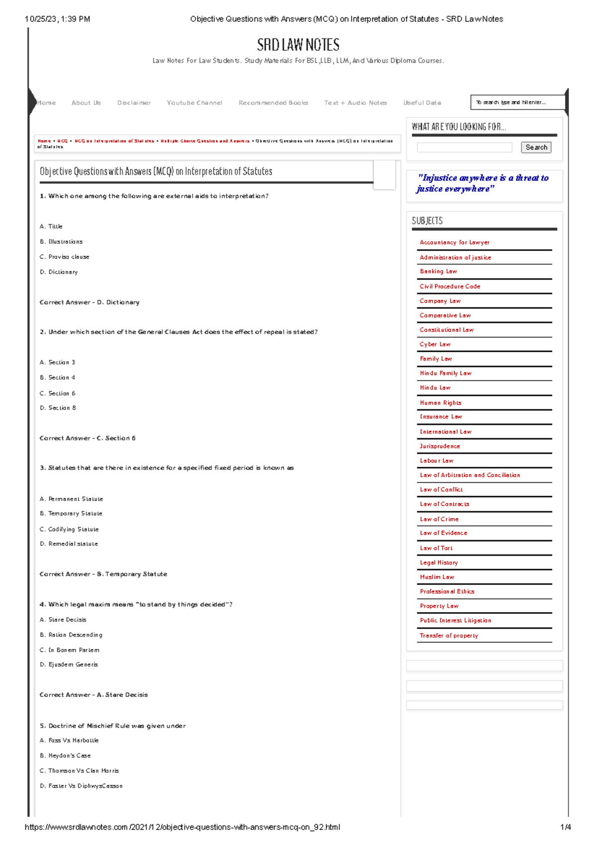 Objective Questions with Answers (MCQ) on Interpretation of Statutes