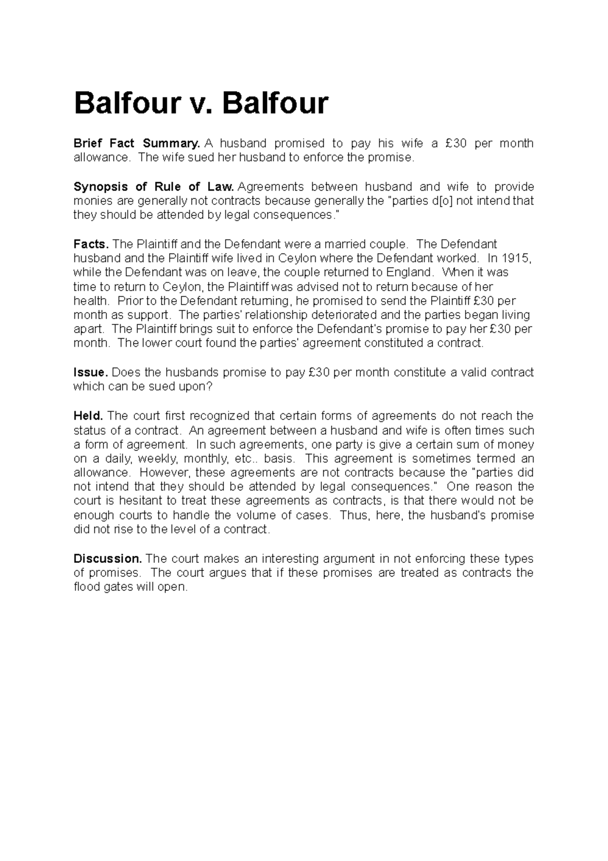 Case law contract1 contract Balfour v. Balfour Brief Fact Summary