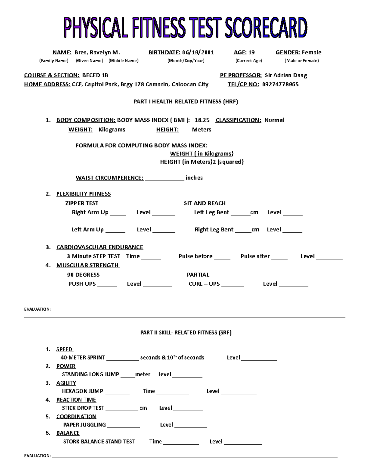 Deped Physical Fitness Test Score Sheet All Photos Tmimages Org Free