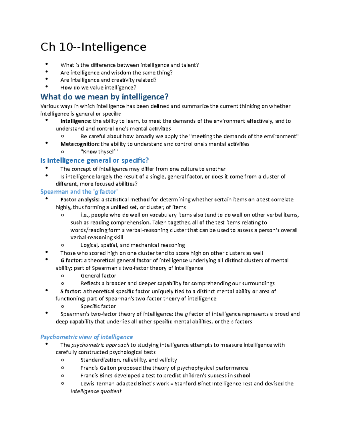Chapter 10 notes - Ch 10-Intelligence What is the difference between ...