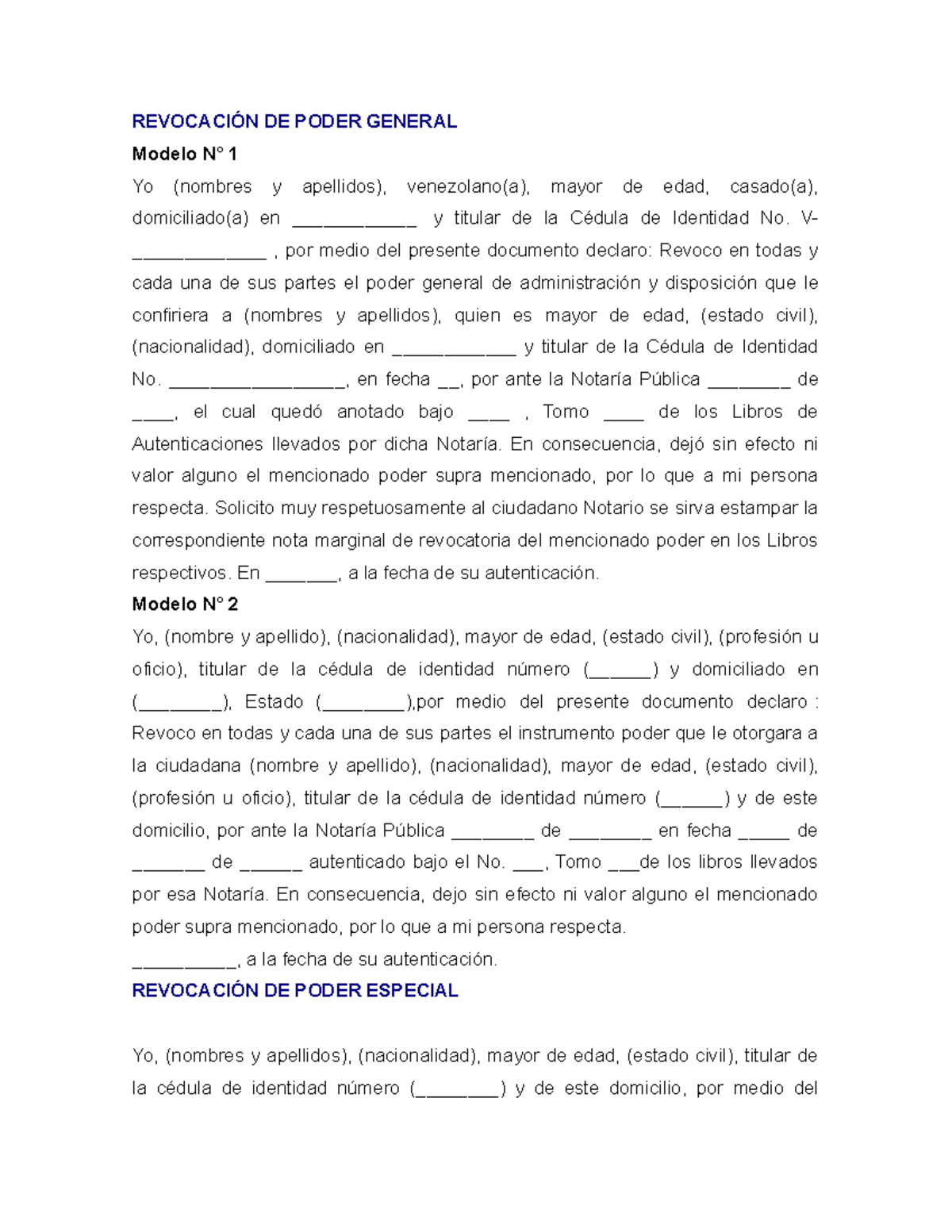 Revocación DE Poder - REVOCACIÓN DE PODER GENERAL Modelo N° 1 Yo ...