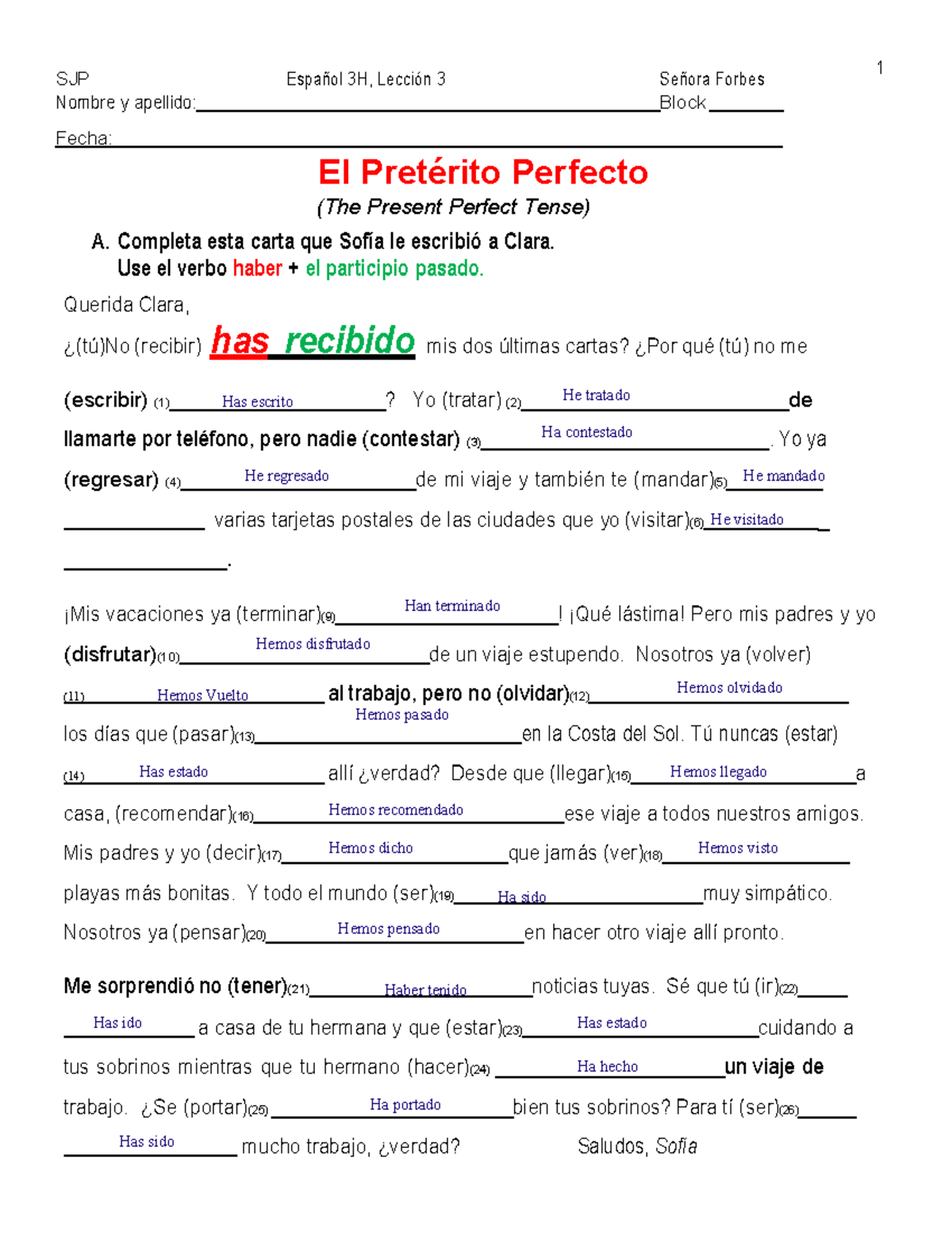 29.03.+Pret%C3%A9r.Perf - SJP Español 3 H, Lección 3 Señora Forbes ...