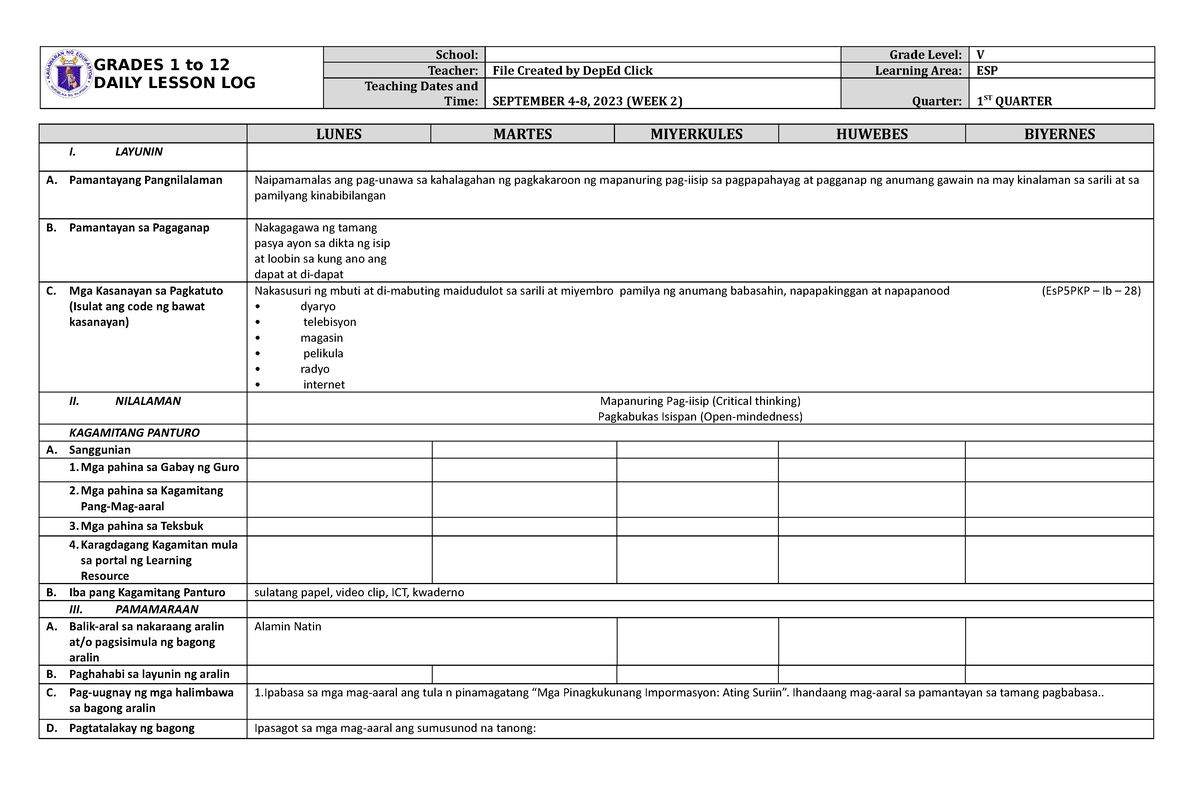 Dll Esp 5 Q1 W2 Daily Lesson Log Grades 1 To 12 Daily Lesson Log School Grade Level V 5769