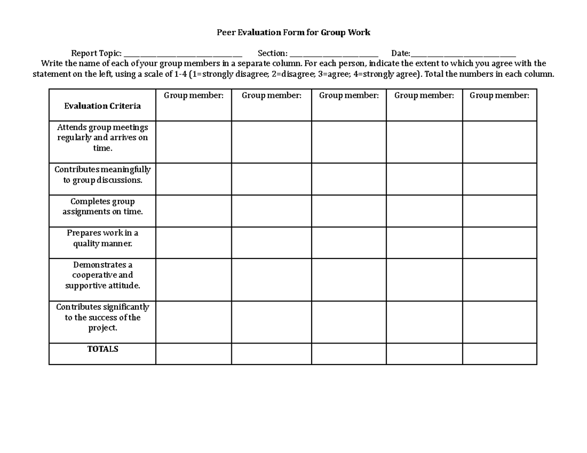 Peer Eval-Group Report - Peer Evaluation Form for Group Work Report ...