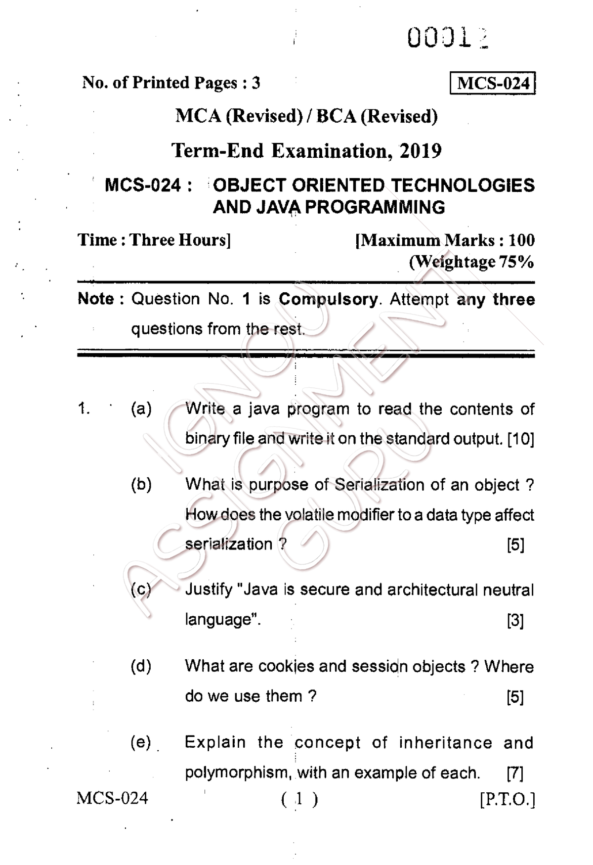 MCS-024 - Mcs 24 - 0031 No. Of Printed Pages : 3 MCS- MCA (Revised ...