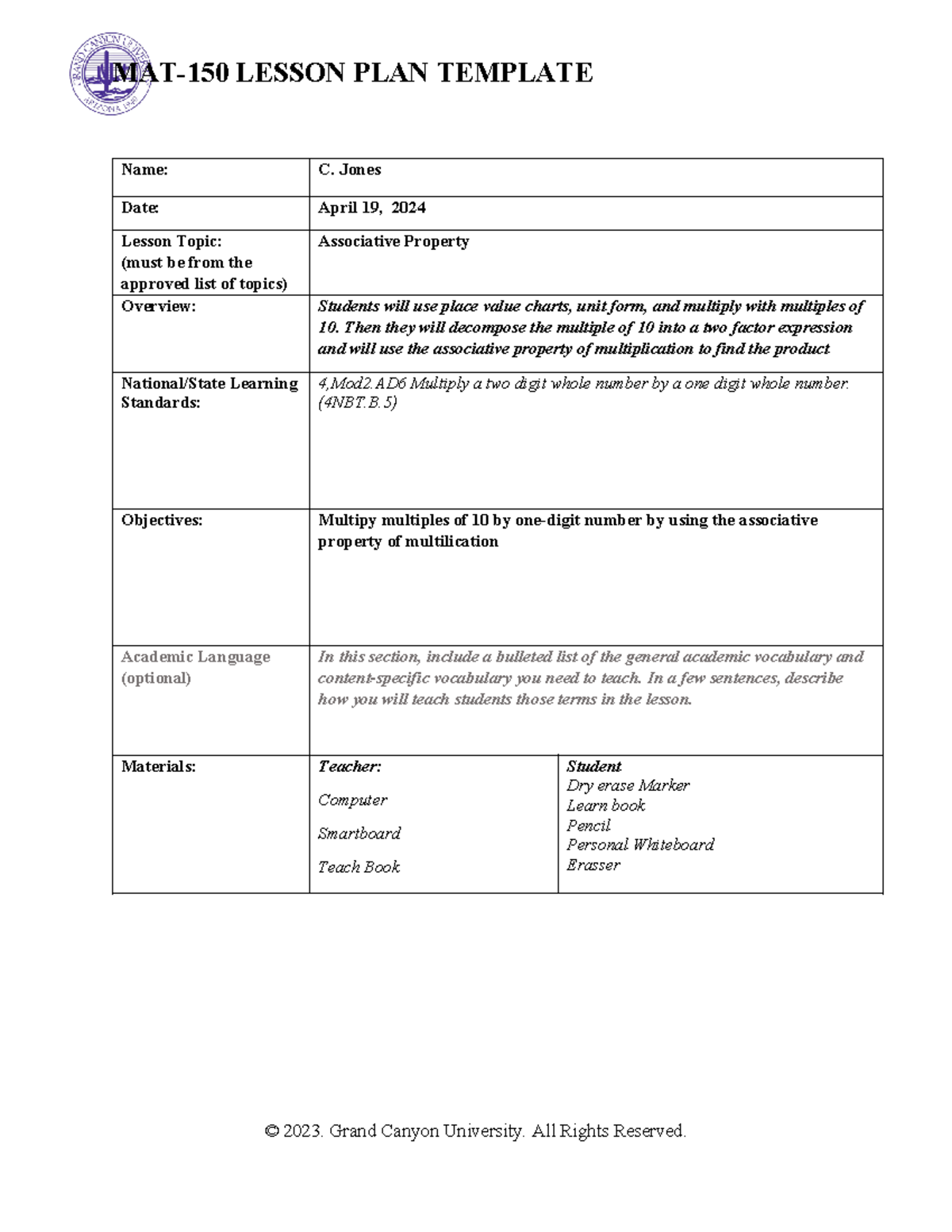 MAT-150 Lesson Plan Template - Name: C. Jones Date: April 19, 2024 ...