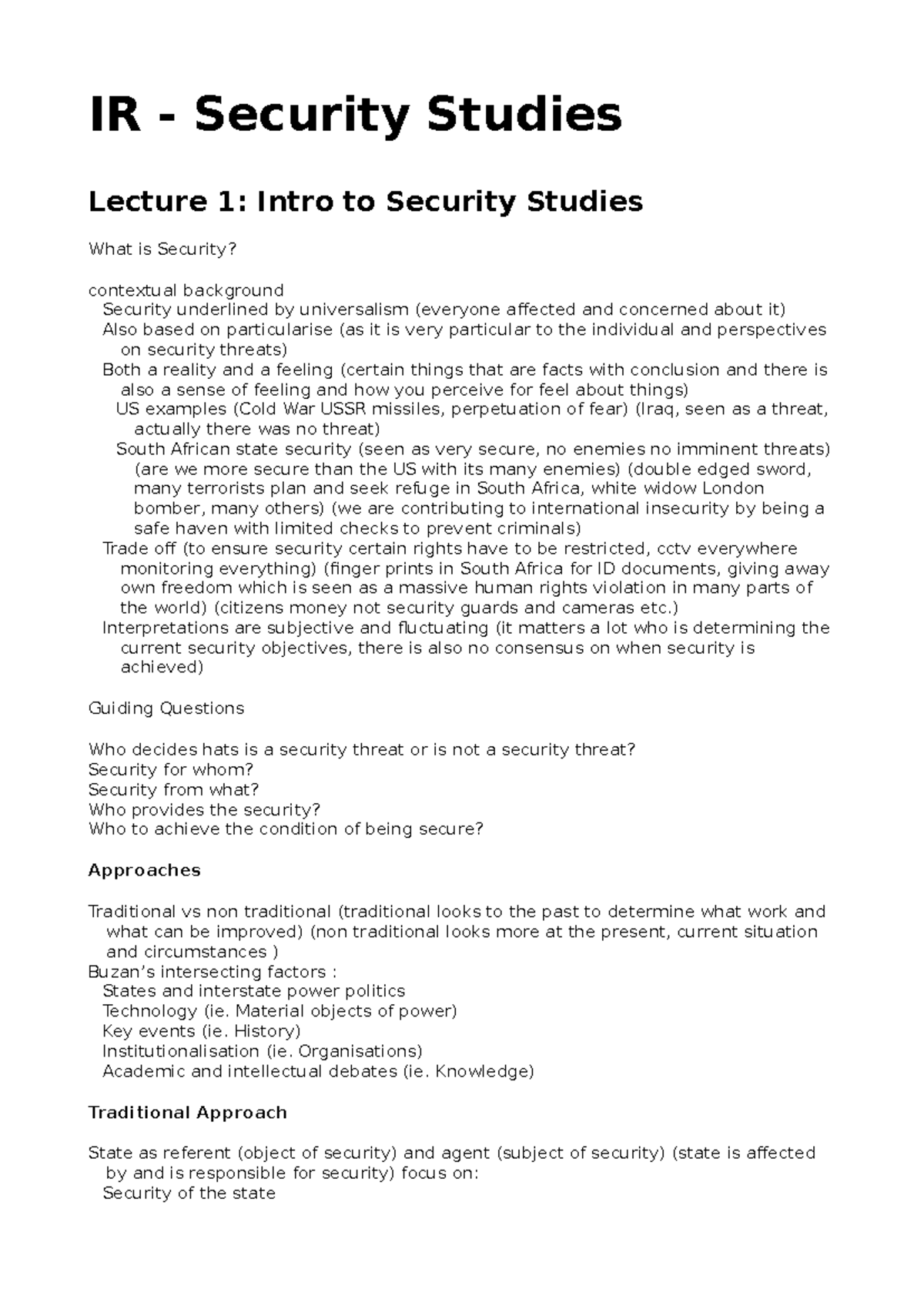 Security Studies lecture 12 IR Security Studies Lecture 1 Intro