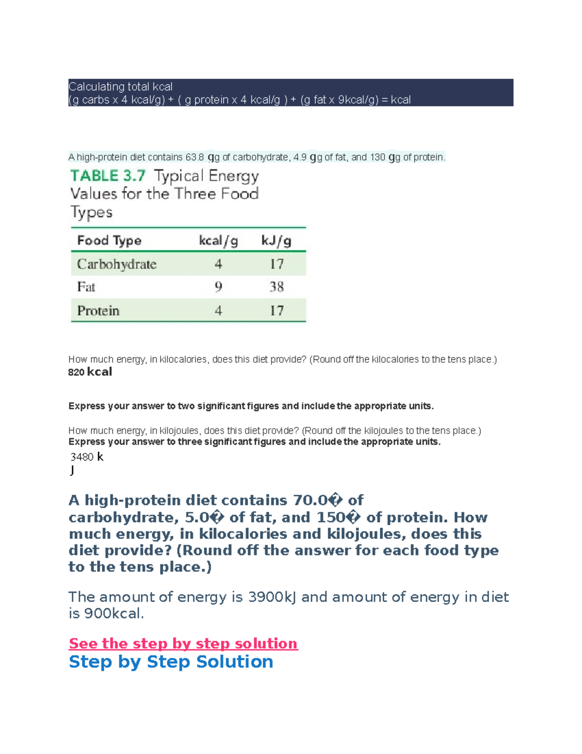 CHEM 120A PP CH3 p Mastering Chemistry Calculating total kcal (g
