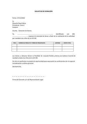 Modelo carta de donacion - SOLUCITUD DE DONACIÓN Fecha: 17/11/ Sr: Eduardo  Payet Meza. Presidente - Studocu