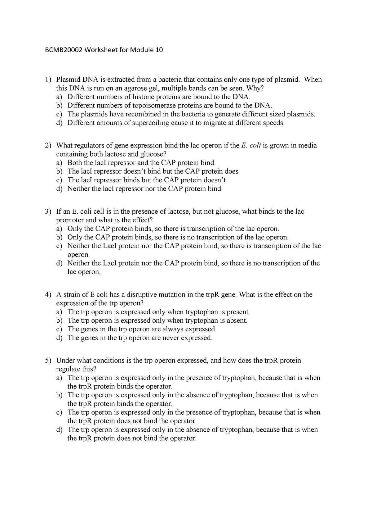 Worksheet Module 10 - exam type questions - BCMB20002 Worksheet for ...