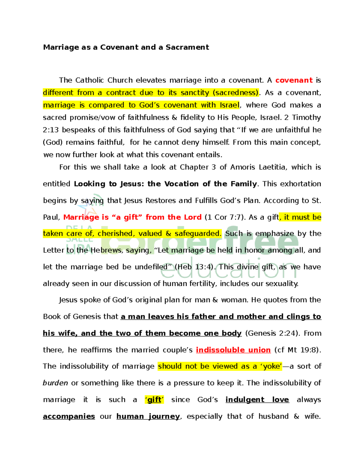 Marriage as a Covenant and Sacrament Marriage as a Covenant and a