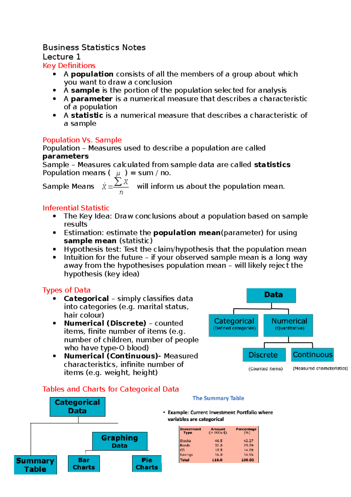 Business Statistics Notes - Business Statistics Notes Lecture 1 Key ...