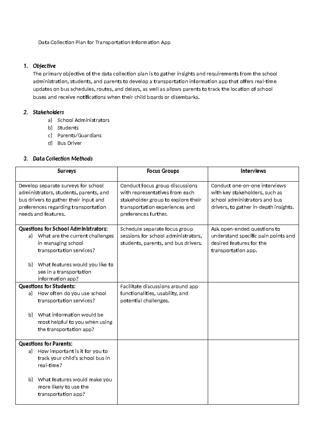 Data Collection plan - lol - Data Collection Plan for Transportation ...
