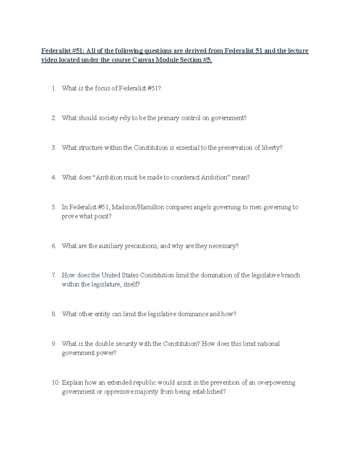 EXAM 2 Review - Federalist #51: All Of The Following Questions Are ...