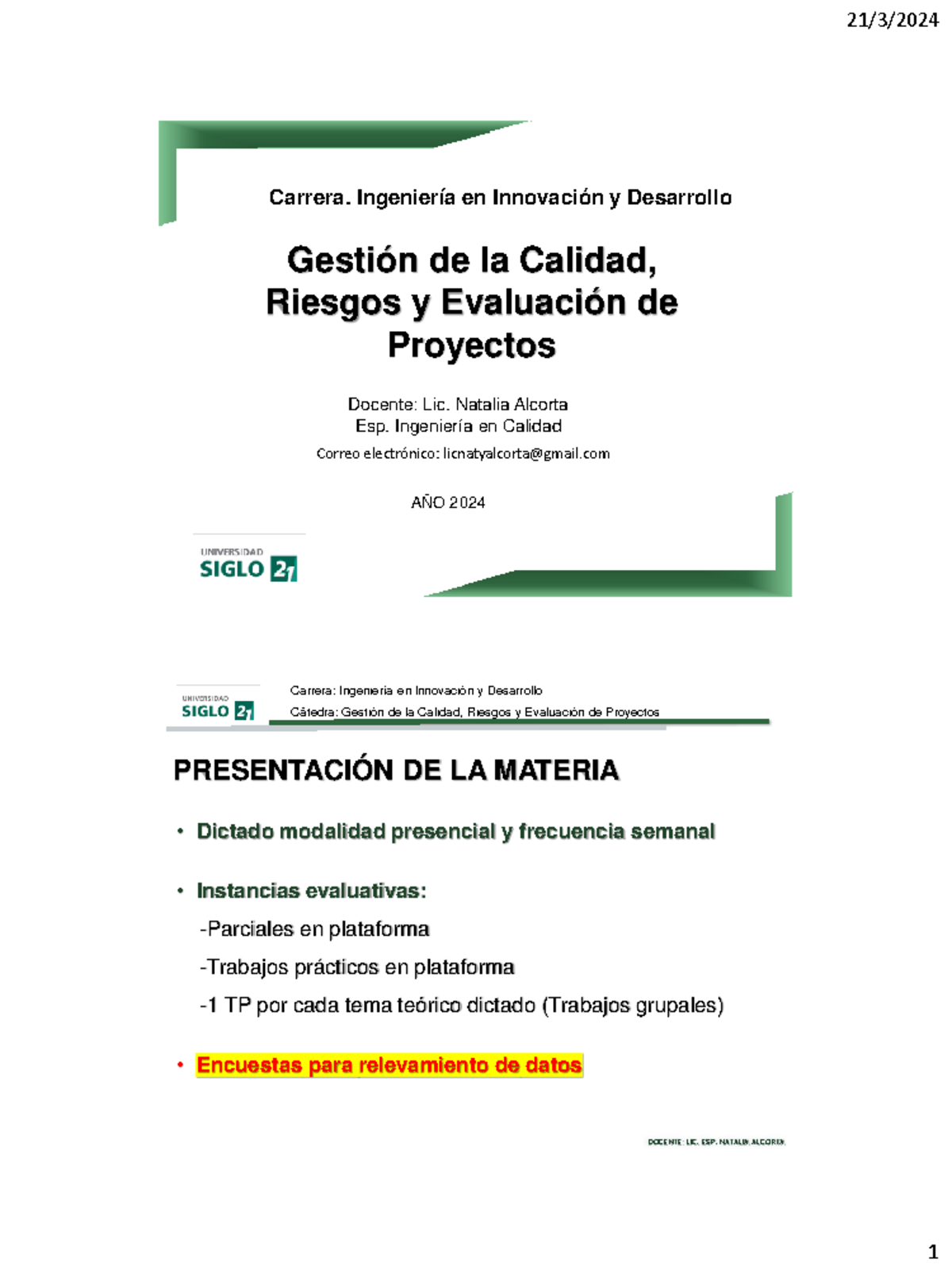 Clase 1 PDF ... - Gestión de la Calidad, Riesgos y Evaluación de ...