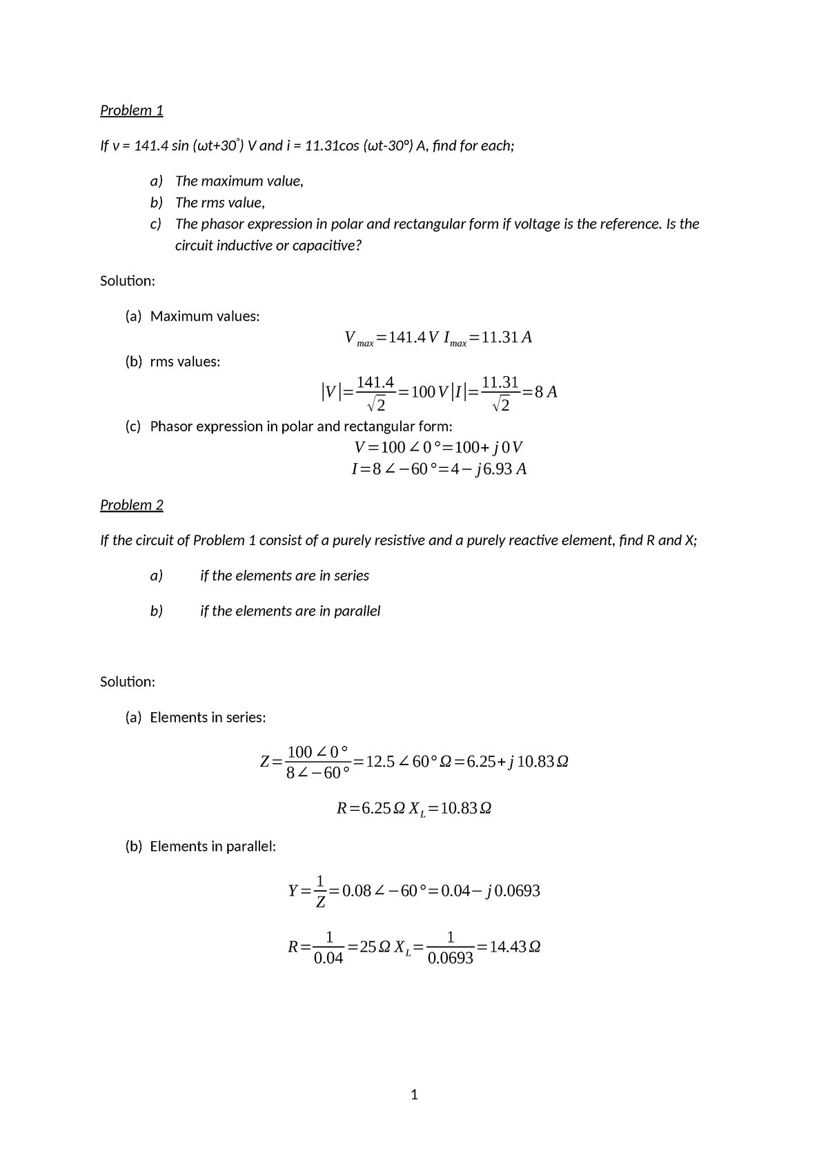 25646684-Tutorial-2-Solution - Problem 1 If ν = 141 sin (ωt+ ° ) V and ...