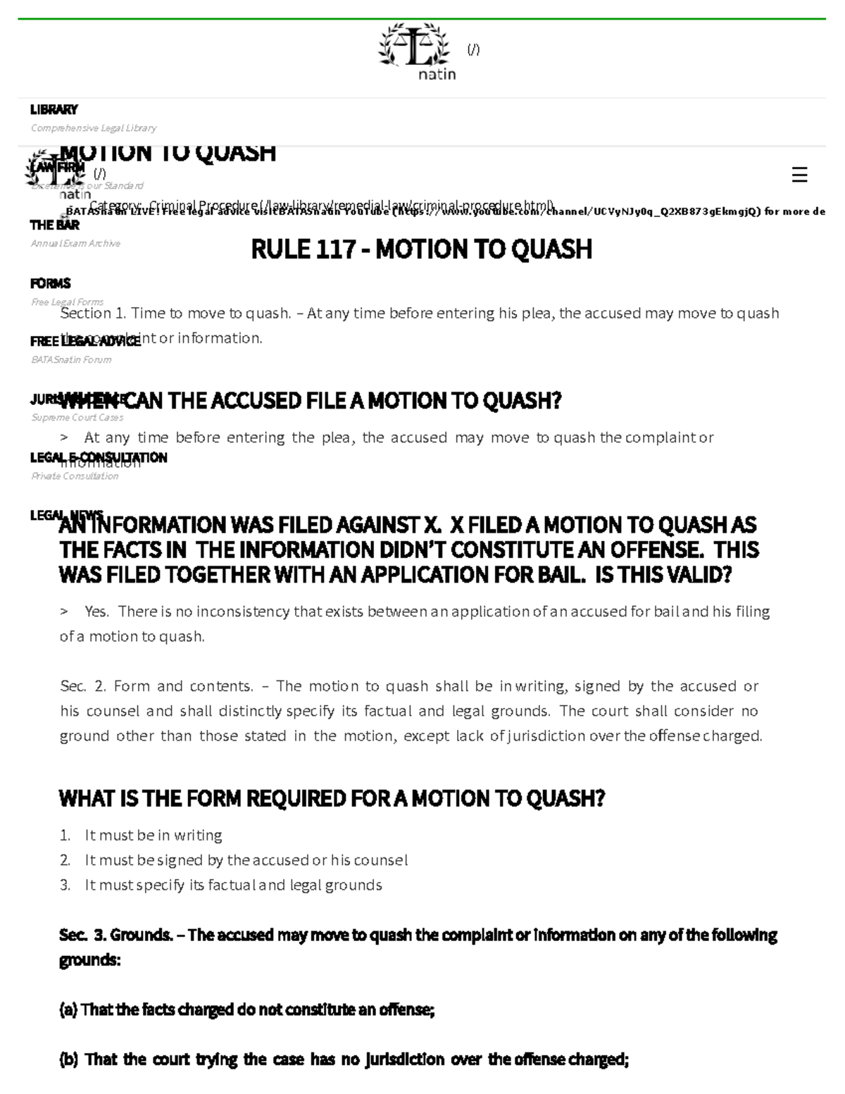 Motion TO Quash CRIMPRO MOTION TO QUASH Category Criminal