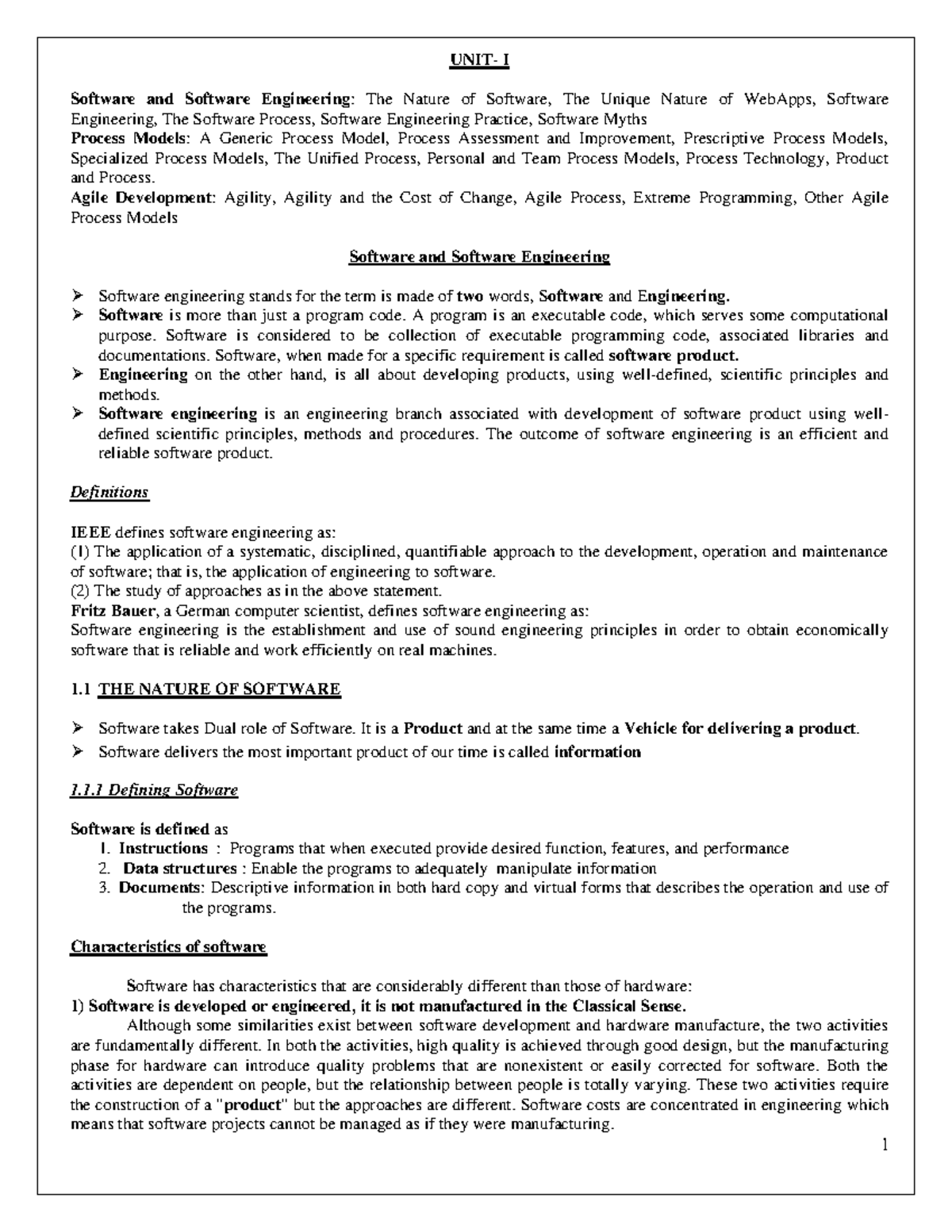Software notes - UNIT- I Software and Software Engineering: The Nature ...