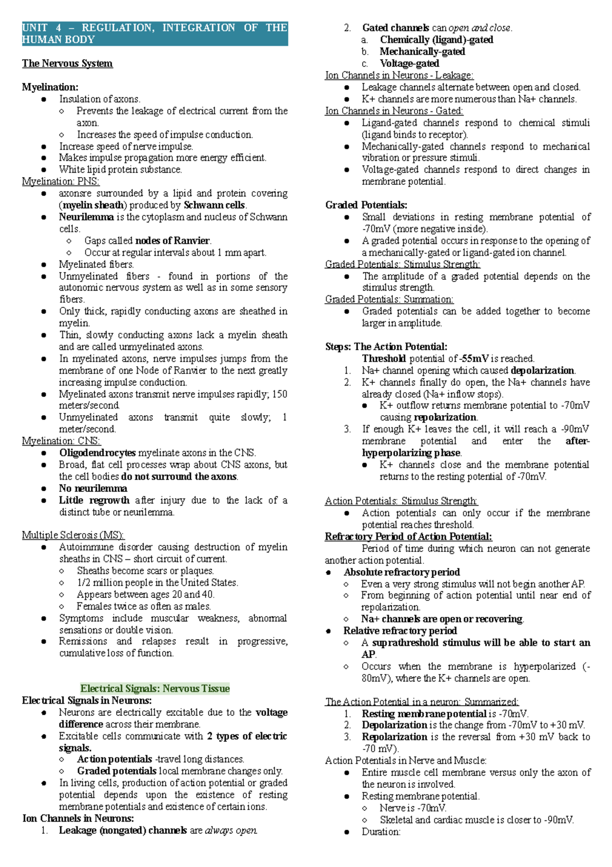 Anaphy Nervous System - UNIT 4 – REGULATION, INTEGRATION OF THE HUMAN ...