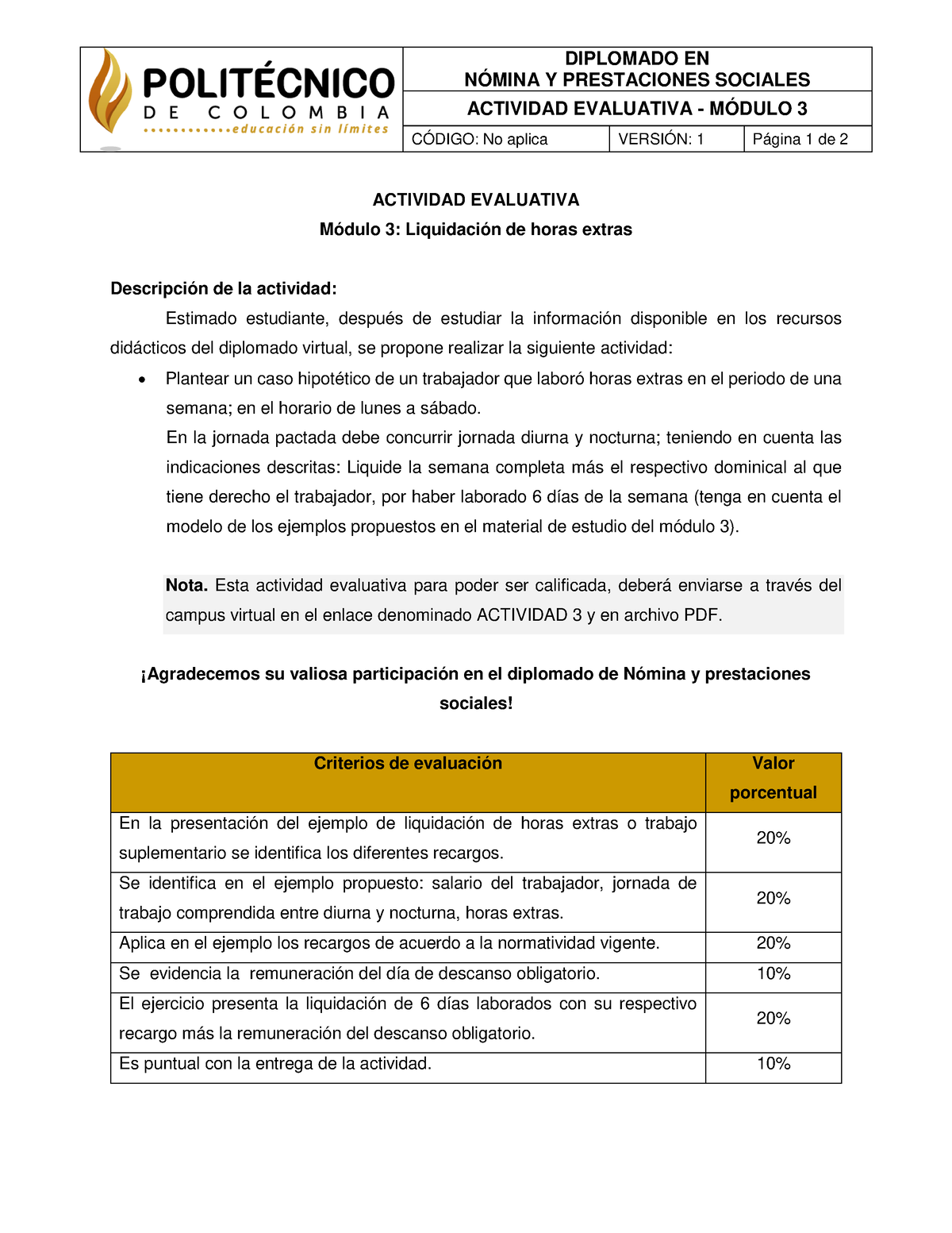 Actividad 3 - ACTIVIDAD EVALUATIVA Módulo 3: Liquidación De Horas ...