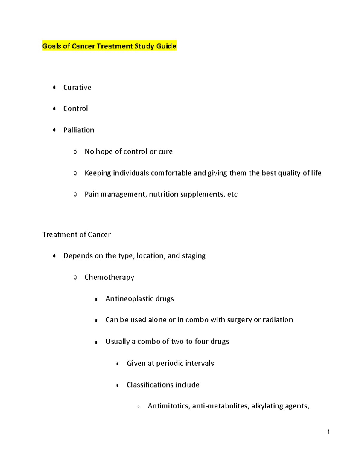 Goals of Cancer Treatment Study Guide - Studocu