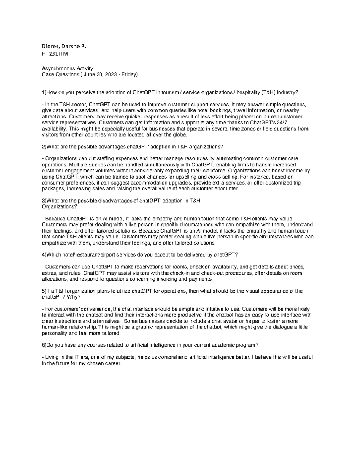 Diores,Darshe Final Essay Chat GPT - Diores, Darshe R. HT231ITM ...