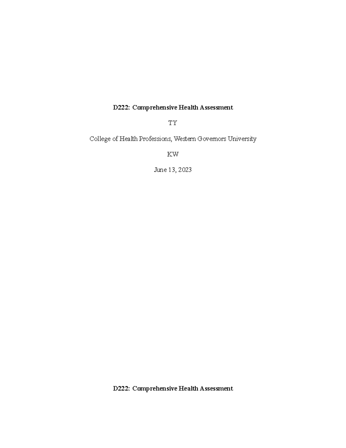 D222 Health Assessment Paper D222 Comprehensive Health Assessment TY