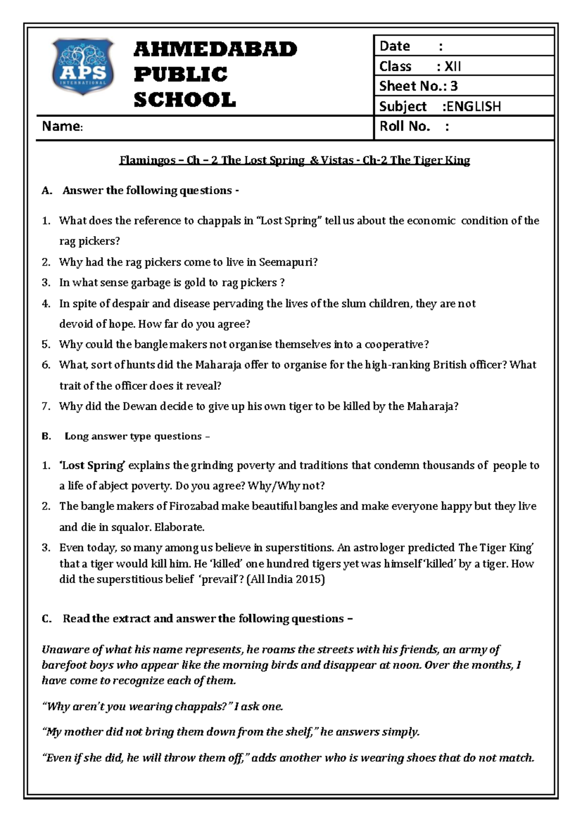 Class 12 English WS3 The Lost Spring & The Tiger King AHMEDABAD