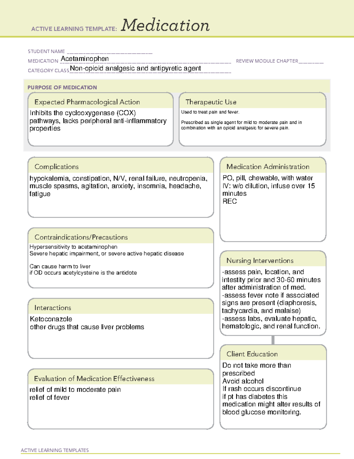 Acetaminophen MED CARD ACTIVE LEARNING TEMPLATES Medication STUDENT NAME Studocu