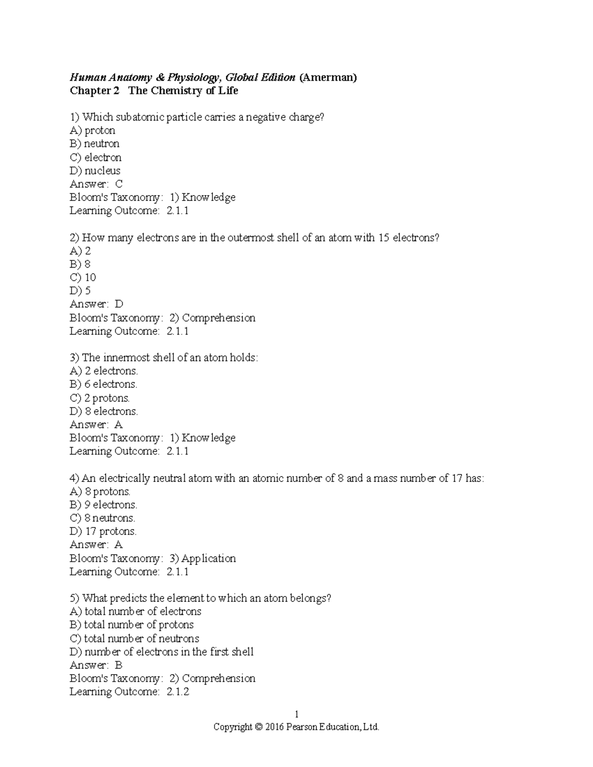 Chapter 2 Testbank - Human Anatomy & Physiology, Global Edition ...